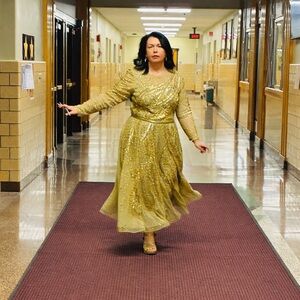 Mac Duggal Gold Embellished Long Sleeve Dress